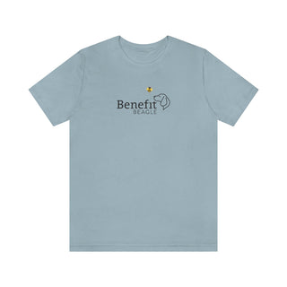 Bee Pawsitive Unisex Jersey Short Sleeve Tee in Light Blue. The front of shirt features the Bee Pawsitive Benefit Beagle Logo. The back of shirt showcases a dog dressed as a bee in a field of sunflowers with "Bee Pawsitive" written above.