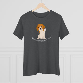 Easily Distracted Women's Premium Tee in Asphalt. Shown is front design featuring a dog waving with the saying "Easily Distracted by Dogs" below it. The back of shirt has the classic Benefit Beagle Logo.