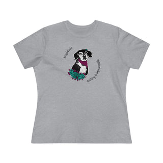 Signature Tattoo Roses Women's Premium Tee in Athletic Heather. Shown is front of shirt with the Signature Tattoo Roses design featuring a dog with roses around it and the phrase "Beagletude" and "Nothing is Impawssible". Back of shirt features the Benefit Beagle Logo.