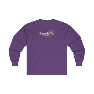 Dia De Los Muertos Unisex Ultra Cotton Long Sleeve Tee Shirt in Purple. Shown is the back of shirt with Dia De Loa Muertos Benefit Beagle Logo. The front of shirt showcases print of dogs and cats with Dia de los Muertos traditional decorations.