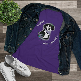 Signature Tattoo Flowers Women's Premium Tee in Purple. Shown is front of shirt with the Signature Tattoo Flowers design featuring a dog with flowers around it and the phrase "Beagletude" and "Nothing is Impawssible". Back of shirt features the Benefit Beagle Logo.