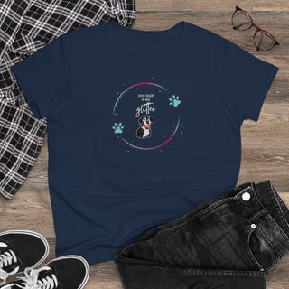 Dog Hair is my Glitter Women's Midweight Cotton Tee in Navy. The Dog Hair is my Glitter design features a dog with the phrase "Dog Hair is my Glitter" above it and it is surrounded by a circle with paw prints.