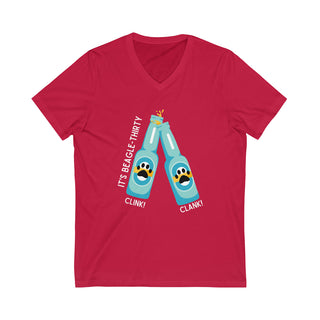 Beagle-Thirty Bottles Unisex Jersey Short Sleeve V-Neck Tee in Red. The front of shirt showcases Two Paw Labeled Bottles clinking with the saying, "It's Beagle-Thirty". Back of shirt features corresponding Benefit Beagle Logo.