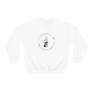 Dog Hair is my Glitter Unisex Crewneck in White. The Dog Hair is my Glitter design features a dog with the phrase "Dog Hair is my Glitter" above it and it is surrounded by a circle with paw prints.