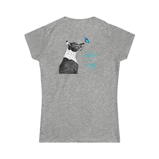 Lincoln Butterfly Women's Softstyle Tee in Sport Grey. Shown is back of shirt design showcasing profile of a dog with a blue butterfly on its nose and the phrase "Kindness is Strength" next to it. The front of shirt has Benefit Beagle Logo kissed by a Butterfly.