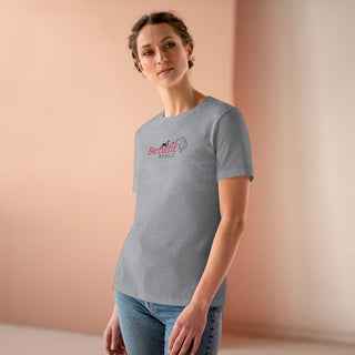 Meow Women's Premium Tee in Athletic Heather. Shown is front of shirt with the Benefit Beagle Logo featuring a peeping cat. The back showcases a wide eyed black cartoon cat with the phrase "Chatty Cat" above it.