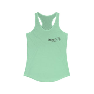 Live in the Moment Women's Ideal Racerback Tank in Mint. The Live in the Moment design features the Benefit Beagle logo in the top corner of the garment.