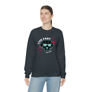 Play Hard Unisex Heavy Blend Crewneck Sweatshirt in Dark Heather. The design features a cool dog with sunglasses and lightening bolts around it. The phrase "Live Fast, Play Hard" is around the design.