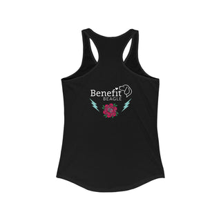 Stay Wild Women's Ideal Racerback Tank in Black.  Shown is the back of shirt with Benefit Beagle Logo complete with Tattoo Rose. On front of shirt is Stay Wild Design featuring a tattoo style rose with the phrase "Stay Wild, Play Hard" around it.