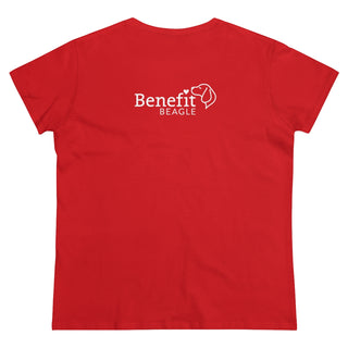 Easily Distracted Women's Midweight Cotton Tee in Red. Shown is back design with the classic Benefit Beagle Logo. The front design features a dog waving with the saying "Easily Distracted by Dogs" below it.