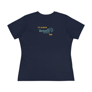 Beagle-Thirty Bottles Women's Premium Tee in Navy. Shown is back of shirt featuring "Beagle-Thirty" Benefit Beagle Logo. The front Showcases Two Paw Labeled Bottles clinking with, "It's Beagle-Thirty" written next to it.