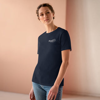 Live in the Moment Women's Premium Tee in Navy. The Live in the Moment design features the Benefit Beagle logo in the top corner of the garment.