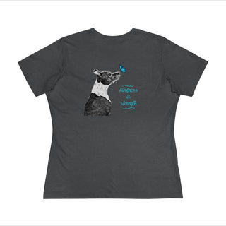 Lincoln Butterfly Women's Premium Tee in Asphalt. Shown is back of shirt design showcasing profile of a dog with a blue butterfly on its nose and the phrase "Kindness is Strength" next to it. The front of shirt has Benefit Beagle Logo kissed by a Butterfly.