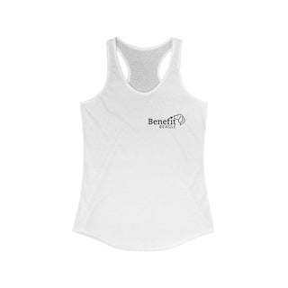 Live in the Moment Women's Ideal Racerback Tank in White. The Live in the Moment design features the Benefit Beagle logo in the top corner of the garment.