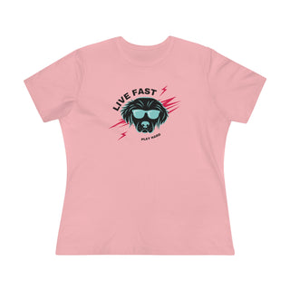 Play Hard Women's Premium Tee Shirt in Pink. The design features a cool dog with sunglasses and lightening bolts around it. The phrase "Live Fast, Play Hard" is around the design.