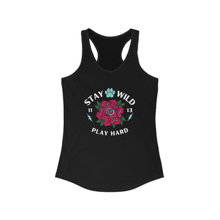 Stay Wild Women's Ideal Racerback Tank in Solid Black. The Stay Wild Design features a tattoo style rose with the phrase "Stay Wild, Play Hard" around it.  The back of shirt features the Stay Wild Benefit Beagle Logo Design.