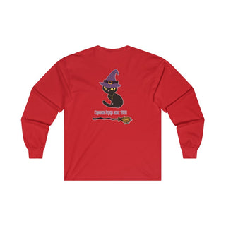 Witchy Cat Unisex Ultra Cotton Long Sleeve Tee. Back side shown in Red with Wide Eyed Cartoon Cat wearing Purple Hat Standing over Broom. "Crossing Paths Since 1692". On the front of shirt is similar Witchy Benefit Beagle Logo. Purrfect for Halloween, or anytime!