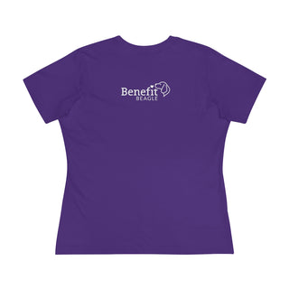 Signature Tattoo Roses Women's Premium Tee in Purple. Shown is back of shirt with the Benefit Beagle Logo. Front of shirt has the Signature Tattoo Roses design featuring a dog with roses around it and the phrase "Beagletude" and "Nothing is Impawssible".