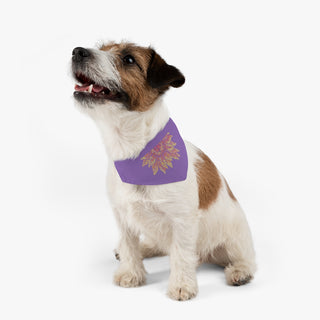 Dog wearing the You are my Sunshine Pet Bandana Collar in Purple. The You are my Sunshine design features half of a sunflower made out of little paw prints. Comes with adjustable black collar.