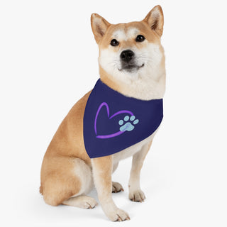 Dog wearing the Live, Love, Beagle Dog Collar Bandana in Navy. The Live, Love, Beagle design features a heart with a paw print. Comes with black adjustable collar.