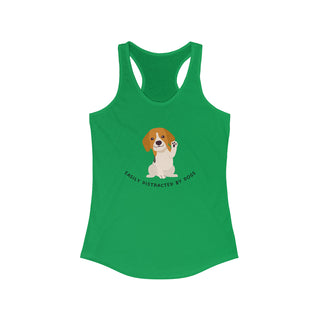 Easily Distracted Women's Racerback Tank in Kelly Green. Shown is front design featuring a dog waving with the saying "Easily Distracted by Dogs" below it. The back of shirt has the classic Benefit Beagle Logo.