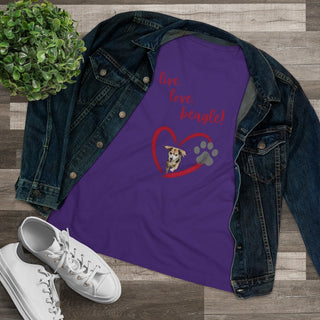 Live, Love, Beagle Women's Premium Tee in Purple. The Live, Love, Beagle design features a dog running through a heart with the phrase "Live, Love, Beagle!" above it.