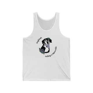 Signature Tattoo Flowers Unisex Jersey Tank in White. Shown is front of shirt with the Signature Tattoo Flowers design featuring a dog with flowers around it and the phrase "Beagletude" and "Nothing is Impawssible". Back of shirt features the Benefit Beagle Logo.