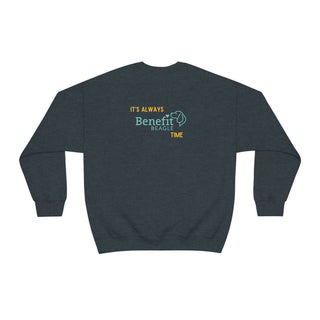 Beagle-Thirty Bottles Unisex Heavy Blend Crewneck Sweatshirt in Dark Heather. Shown is back of shirt featuring "Beagle-Thirty" Benefit Beagle Logo. The front Showcases Two Paw Labeled Bottles clinking with, "It's Beagle-Thirty" written next to it.