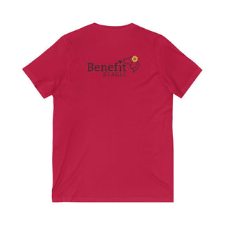 You are my Sunshine Unisex V-Neck Tee in Red. Shown is back of shirt featuring the Sunflower Benefit Beagle Logo. The front showcases a sunflower which is split down the middle and half is made out of paw prints. Underneath is the phrase "You are my Sunshine".