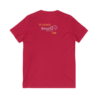 Beagle-Thirty Mugs Unisex Jersey Short Sleeve V-Neck Tee in Red. Shown is back of shirt featuring "Beagle-Thirty" Benefit Beagle Logo. The front Showcases Two Dog Adorned Mugs clinking with, "It's Beagle- Thirty" written above it.