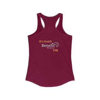 Beagle-Thirty Mugs Women's Racerback Tank in Cardinal Red. Shown is back of shirt featuring "Beagle-Thirty" Benefit Beagle Logo. The front Showcases Two Dog Adorned Mugs clinking with, "It's Beagle-Thirty" written above it.