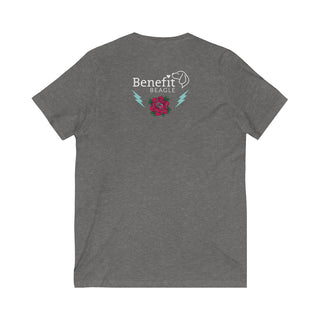 Stay Wild Premium Unisex V-Neck Tee in Athletic Heather. Shown is the back of shirt with Benefit Beagle Logo complete with Tattoo Rose. On front of shirt is Stay Wild Design featuring a tattoo style rose with the phrase "Stay Wild, Play Hard" around it.