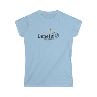 Bee Pawsitive Women's Softstyle Tee shirt in Light Blue. The front of shirt features the Bee Pawsitive Benefit Beagle Logo. The back of shirt showcases a dog dressed as a bee in a field of sunflowers with "Bee Pawsitive" written above.