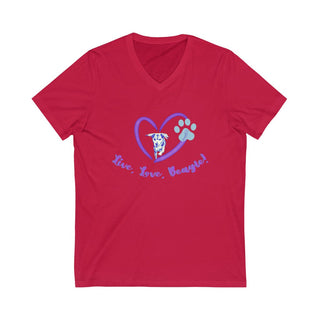 Live, Love, Beagle Unisex V-Neck Tee in Red. The Live, Love, Beagle design features a dog running through a heart with the phrase "Live, Love, Beagle!" under it.