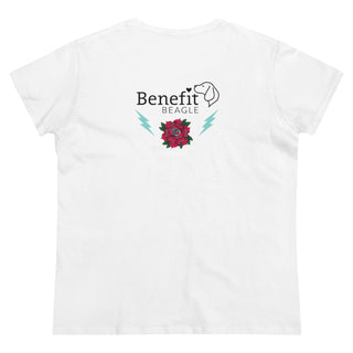 Stay Wild Women's Midweight Cotton Tee in White. Shown is the back of shirt with Benefit Beagle Logo complete with Tattoo Rose. On front of shirt is Stay Wild Design featuring a tattoo style rose with the phrase "Stay Wild, Play Hard" around it.