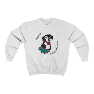 Signature Tattoo Roses Crewneck Sweatshirt in White. Shown is front of shirt with the Signature Tattoo Roses design featuring a dog with roses around it and the phrase "Beagletude" and "Nothing is Impawssible". Back of shirt features the Benefit Beagle Logo.