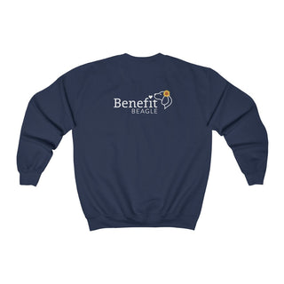 You are my Sunshine Unisex Crewneck Sweatshirt in Navy. Shown is back of shirt featuring the Sunflower Benefit Beagle Logo. The front showcases a sunflower which is split down the middle and half is made out of paw prints. Underneath is the phrase "You are my Sunshine".