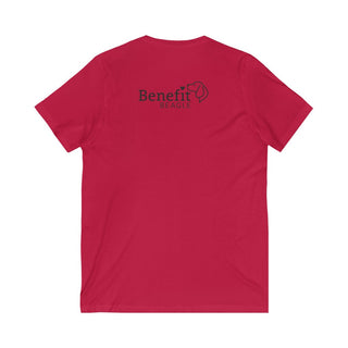 Signature Tattoo Flowers Unisex Jersey Short Sleeve V-Neck Tee in Red. Shown is back of shirt with the Benefit Beagle Logo. Front of shirt has the Signature Tattoo Flowers design featuring a dog with flowers around it and the phrase "Beagletude" and "Nothing is Impawssible".