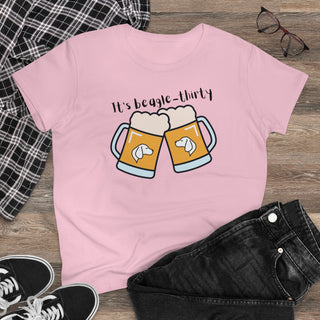 Beagle-Thirty Mugs Women's Midweight Cotton Tee in Pink. The front of shirt showcases Two Dog Adorned Mugs clinking with the saying, "It's Beagle-Thirty" above it. Back of shirt features corresponding Benefit Beagle Logo.