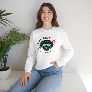 Play Hard Unisex Heavy Blend Crewneck Sweatshirt in White. The design features a cool dog with sunglasses and lightening bolts around it. The phrase "Live Fast, Play Hard" is around the design.