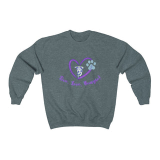 Live, Love, Beagle Crewneck Sweatshirts in Dark Heather. The Live, Love, Beagle design features a dog running through a heart with the phrase "Live, Love, Beagle!" under it.