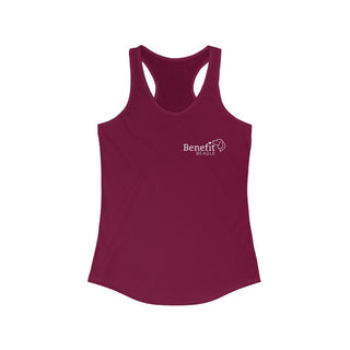 Live in the Moment Women's Ideal Racerback Tank in Cardinal Red. The Live in the Moment design features the Benefit Beagle logo in the top corner of the garment.