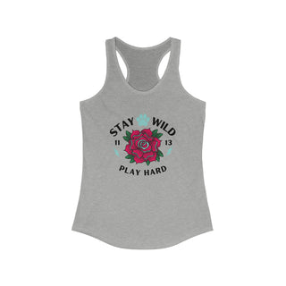 Stay Wild Women's Ideal Racerback Tank in Heather Grey. The Stay Wild Design features a tattoo style rose with the phrase "Stay Wild, Play Hard" around it.  The back of shirt features the Stay Wild Benefit Beagle Logo Design.