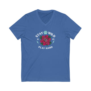 Stay Wild Unisex Jersey Short Sleeve V-Neck Tee in Aqua. The Stay Wild Design features a tattoo style rose with the phrase "Stay Wild, Play Hard" around it. The back of shirt features the Stay Wild Benefit Beagle Logo Design.