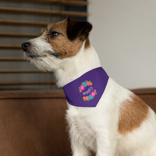 Dog wearing the Dia De Los Muertos Dog Collar Bandana in Purple. The Dia De Los Muertos design features the Benefit Beagle logo with flowers surrounding it. Comes with adjustable black collar.