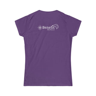 Adventures Await Women's Softstyle Tee in Purple. Shown is the back of shirt with a Nautical Compass Benefit Beagle Logo. The front of shirt features the Adventures Await design with a dog inside a nautical compass and the words "Adventures Await" above it.