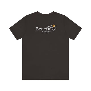 You are my Sunshine Unisex Jersey Short Sleeve Tee in Brown. Shown is back of shirt featuring the Sunflower Benefit Beagle Logo. The front showcases a sunflower which is split down the middle and half is made out of paw prints. Underneath is the phrase "You are my Sunshine".