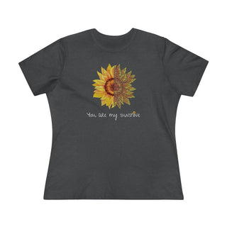 You are my Sunshine Women's Premium Tee shirt in Asphalt. Shown is the front showcasing a sunflower which is split down the middle and half is made out of paw prints. Underneath is the phrase "You are my Sunshine" . Back of shirt features the Sunflower Benefit Beagle Logo.