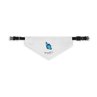 Lincoln Butterfly Dog Collar Bandana in White. The Lincoln Butterfly design features the Benefit Beagle logo with a blue butterfly above it. Comes with adjustable black collar.