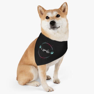 Dog wearing the Dog Hair is my Glitter Dog Collar Bandana in Black. The Dog Hair is my Glitter design features the phrase "I sparkle" inside a circle with paw prints. Comes with black adjustable collar.